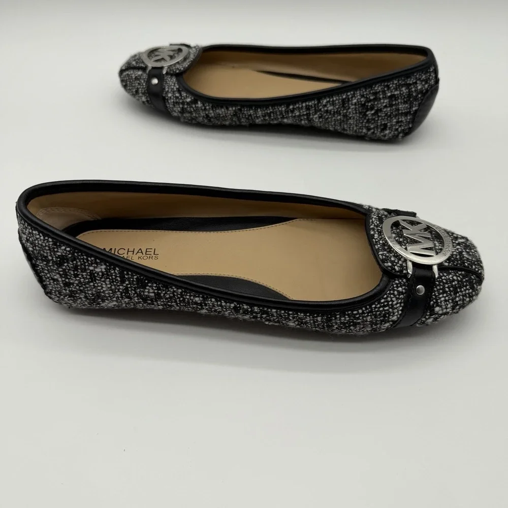 Michael Kors Women's Fulton Slip On Flats Balletcore Black White Tweed Logo 7.5